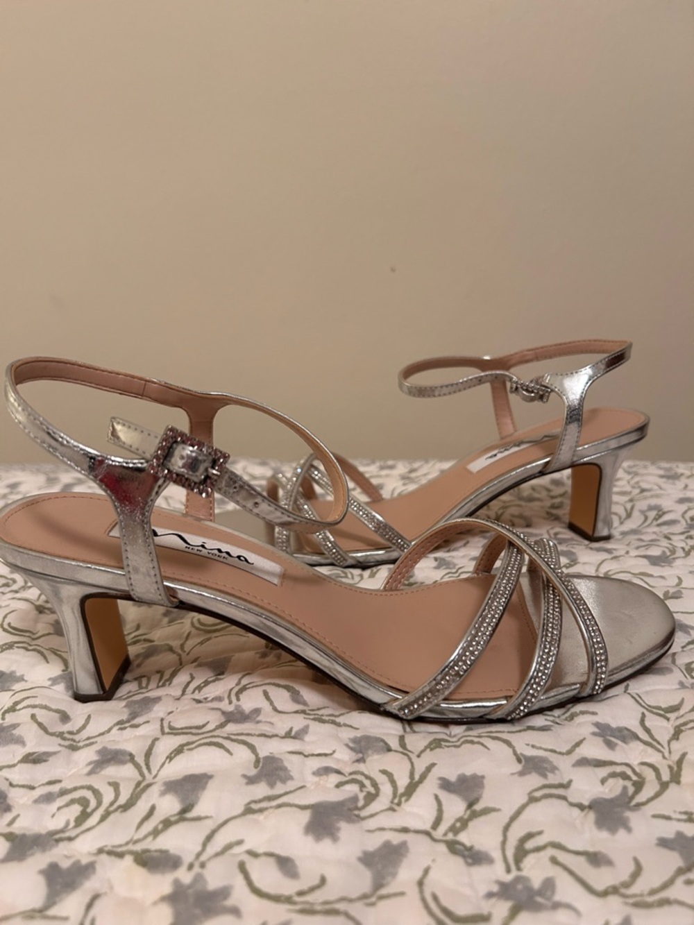 Nina Silver Metallic Strappy Kitten Heel Sandals